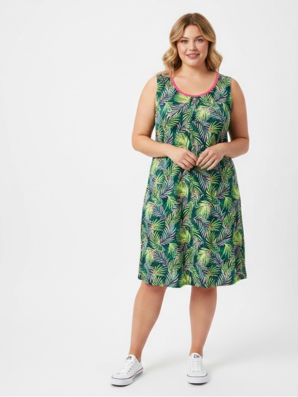 Lands' End Tropical Leaf Scoop Neck Sleeveless Resort Sun Dress Plus NWOT